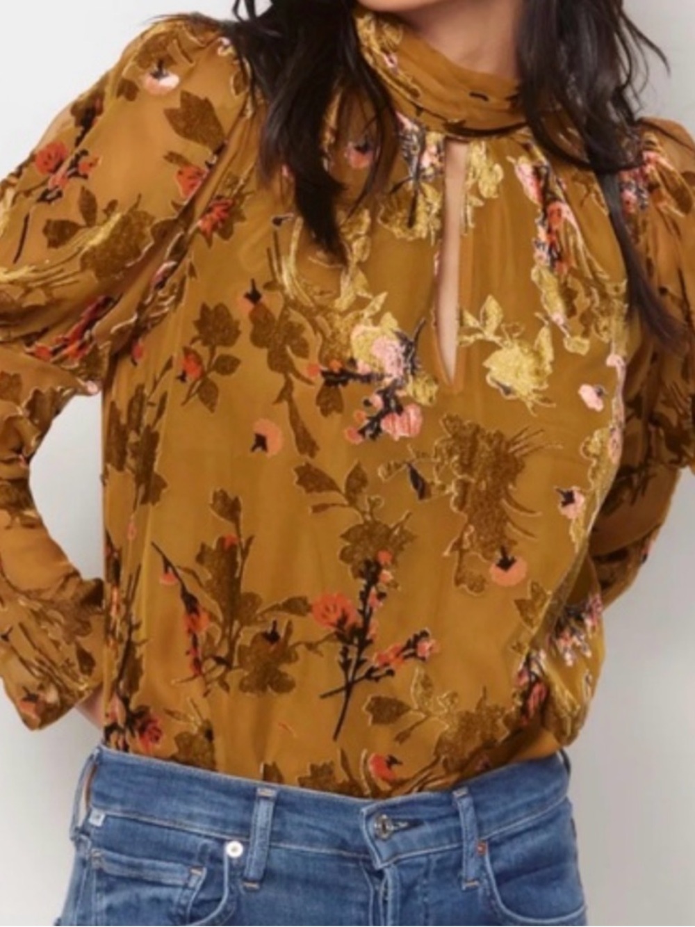 New French Connection Women's Guthern Puff-Sleeve Burnout Keyhole Top Blouse XS